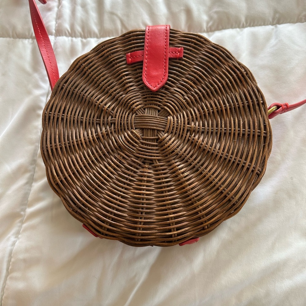 J. Crew wicker round Crossbody with Red leather Trim, NWT